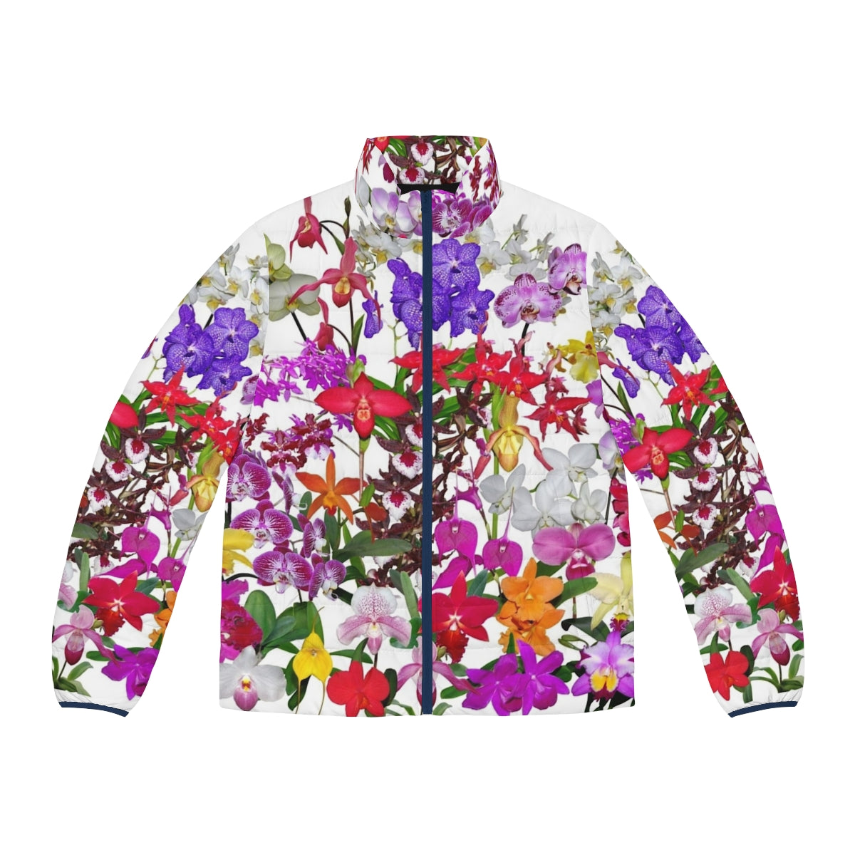 Orchid puffer jacket featuring vibrant orchid flowers in a digital photography design