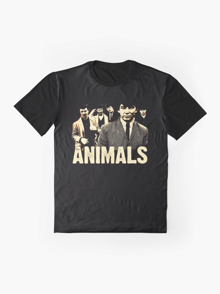 Vintage-style graphic t-shirt featuring classic rock bands like The Animals, Credence Clearwater Revival, and Led Zeppelin. - Flat lay