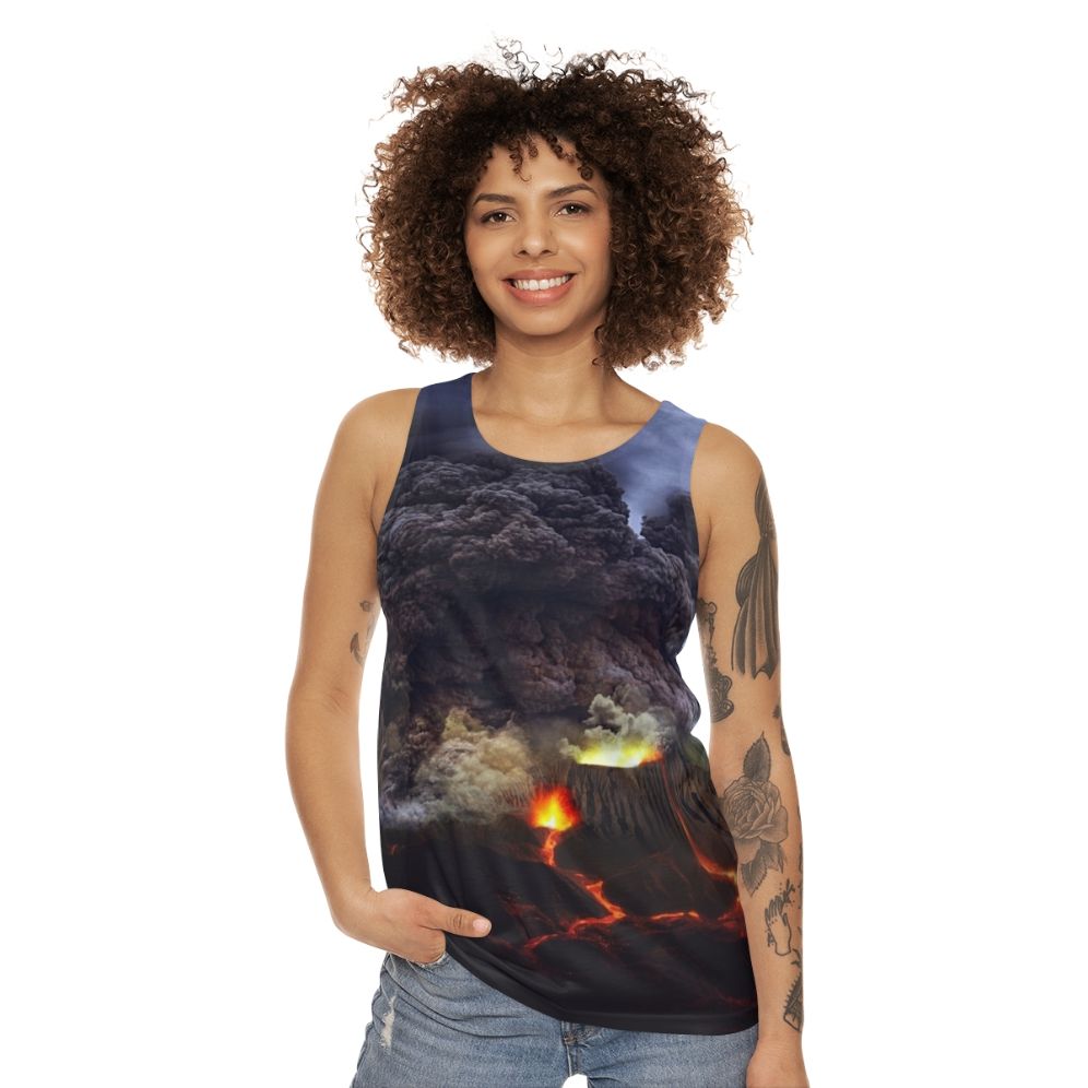 Volcano erupting with lava flow and fiery mountain landscape - women