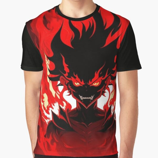 Graphic t-shirt design featuring an anime-inspired demon character surrounded by fiery flames, representing the infernal rhythm of Brazilian phonk music.