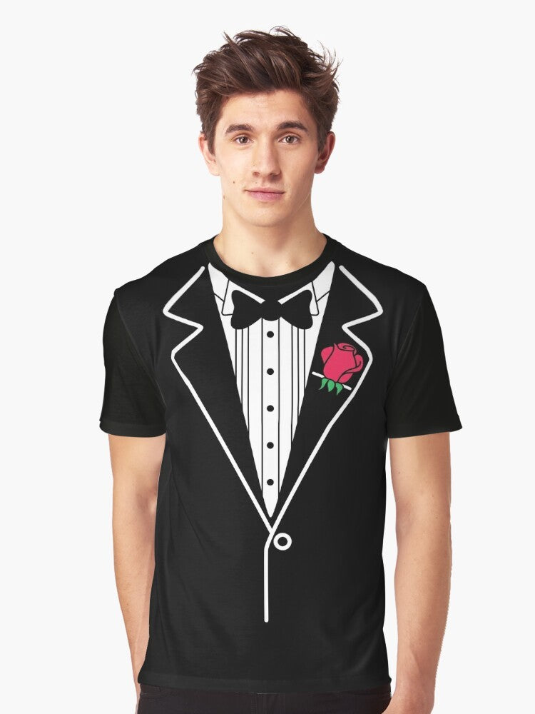 Tuxedo graphic t-shirt with a rose design, a formal and funny men's fashion item - Men