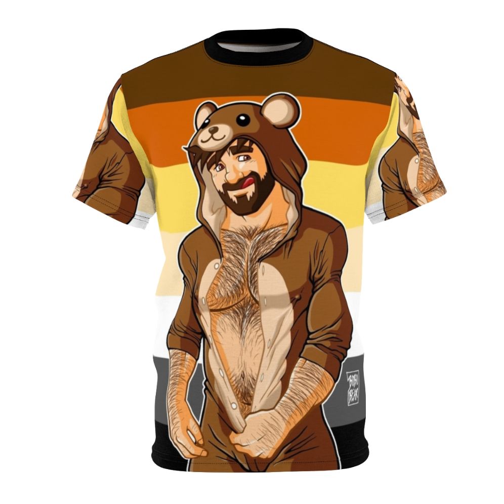 An all-over printed t-shirt featuring a bear pride design with various bear-related motifs and text