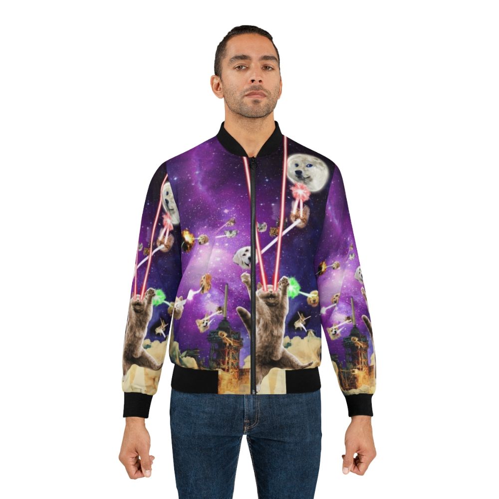 A bomber jacket featuring cats with laser eyes in a space-themed design - Lifestyle