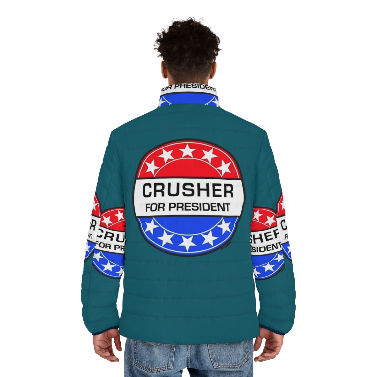 Retro sci-fi puffer jacket featuring Crusher for President design - men back