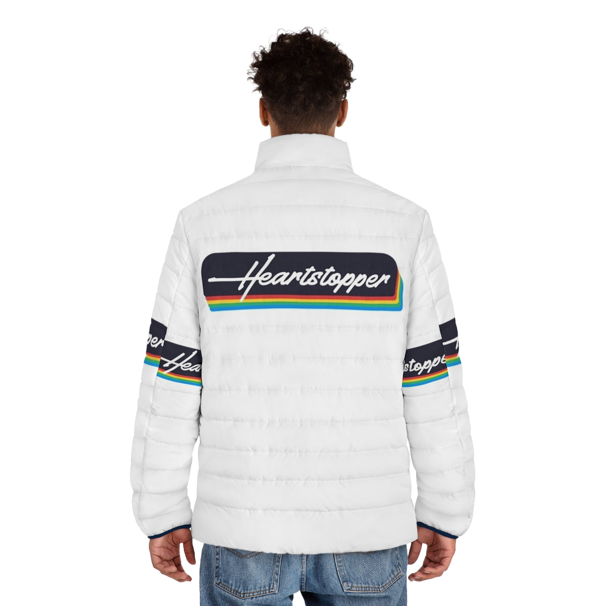 Heartstopper Pride Inspired Trendy Puffer Jacket with LGBTQ+ themed graphics - men back