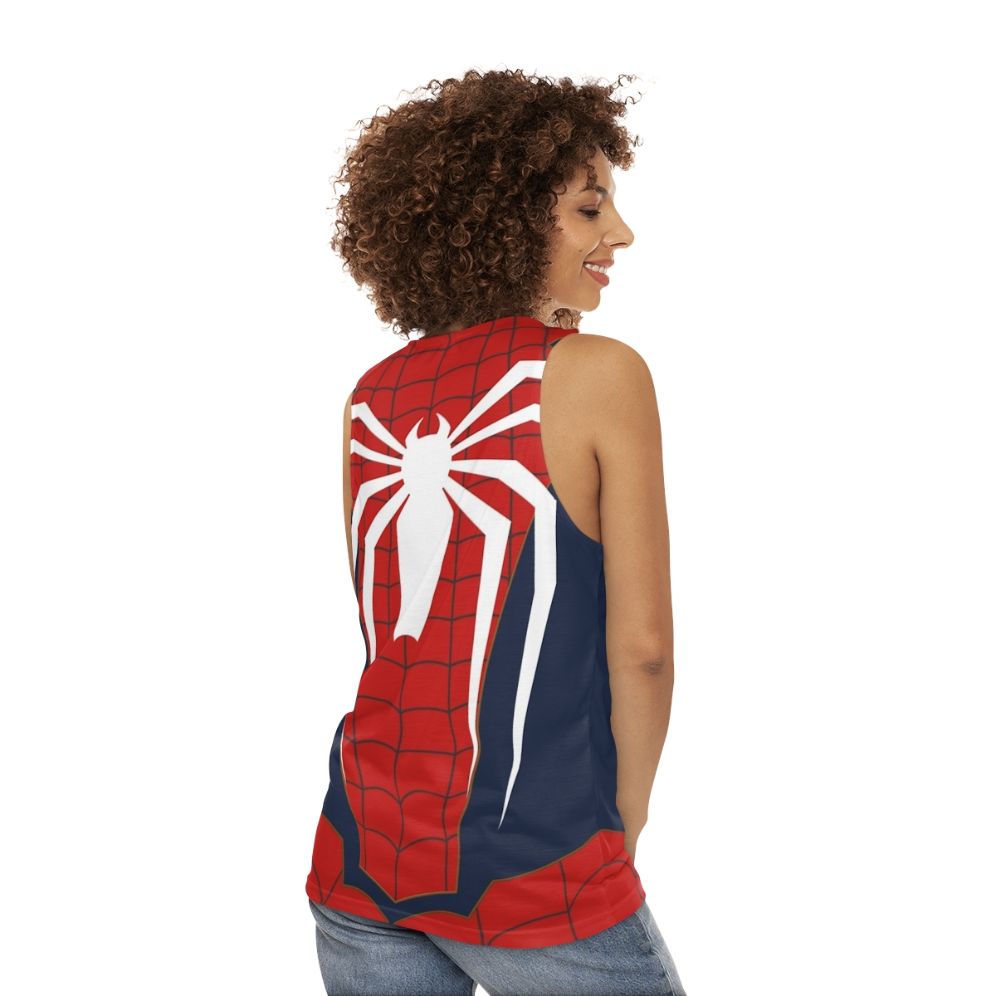 Unisex spider themed tank top with web design - women back