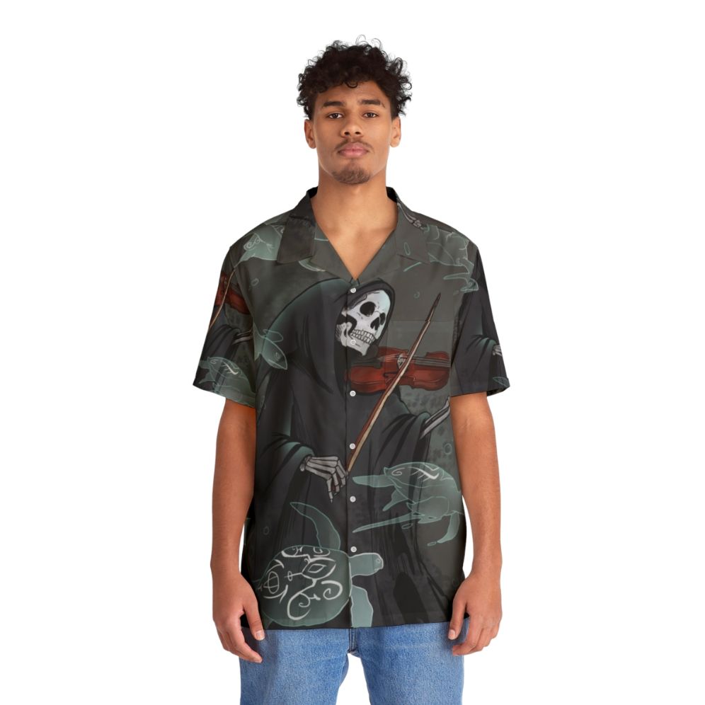 Dark Hawaiian Shirt with Grim Reaper and Violin Design - People Front