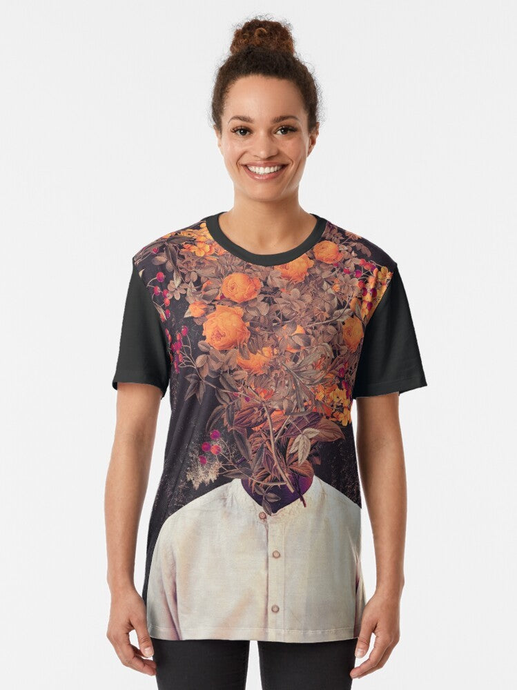 Vintage floral graphic design t-shirt featuring a collage of flowers, head, and classical painting elements - Women