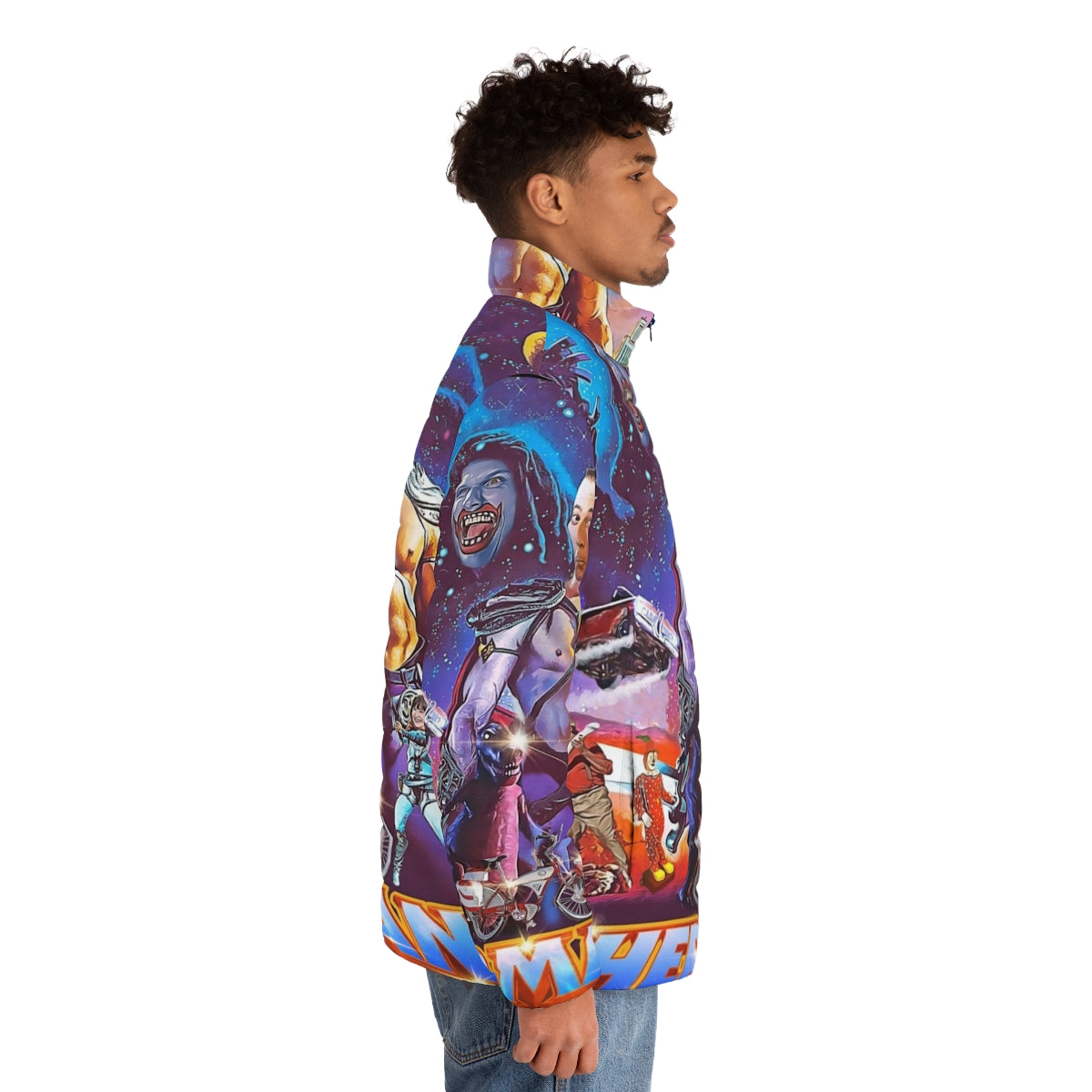 Peewee Harman-inspired puffer jacket with Masters of the Universe graphics - men side right