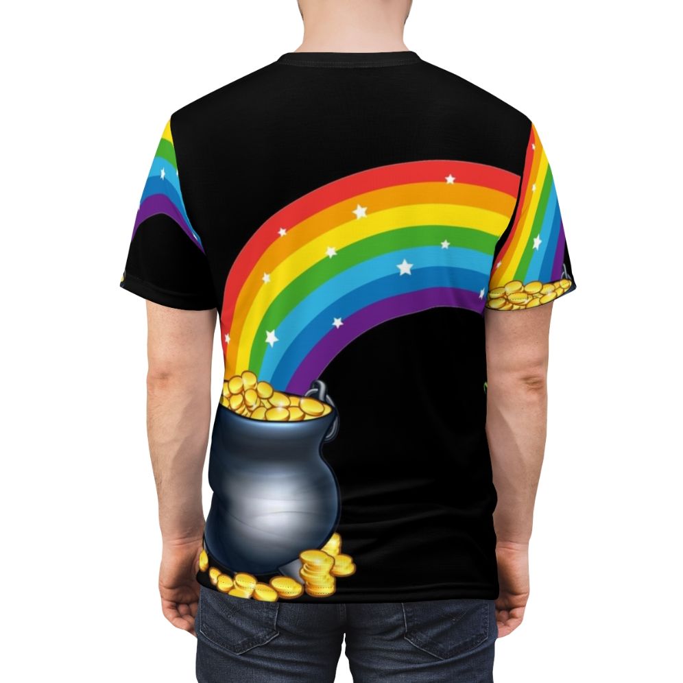 Graphic tee featuring a pot of gold at the end of a rainbow, representing the Irish legend of luck and prosperity. - men back