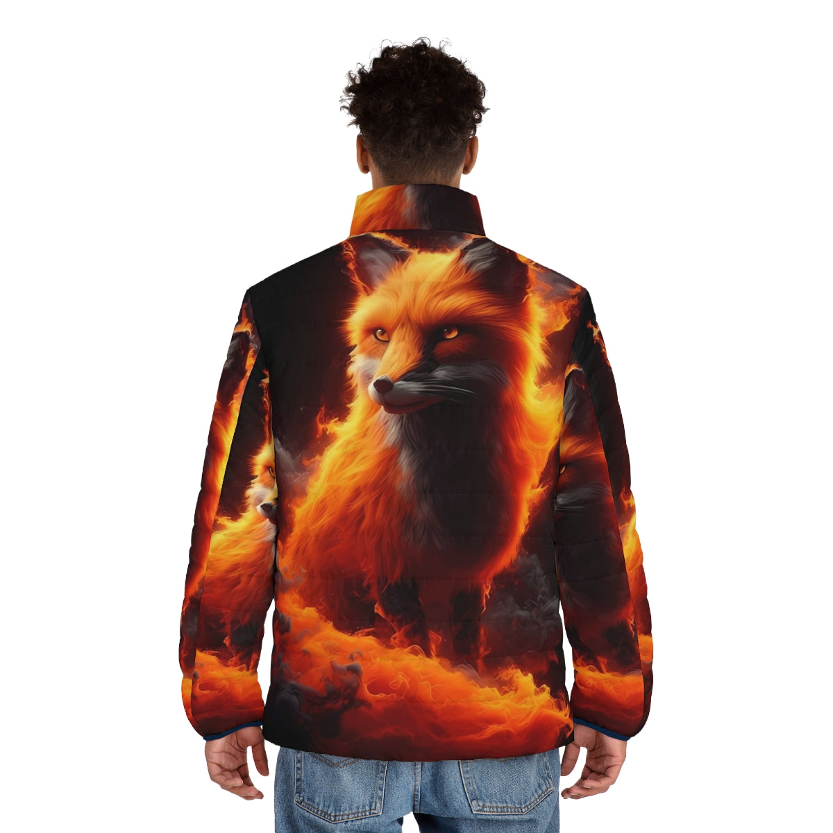 Fiery puffer jacket with abstract wildlife design - men back