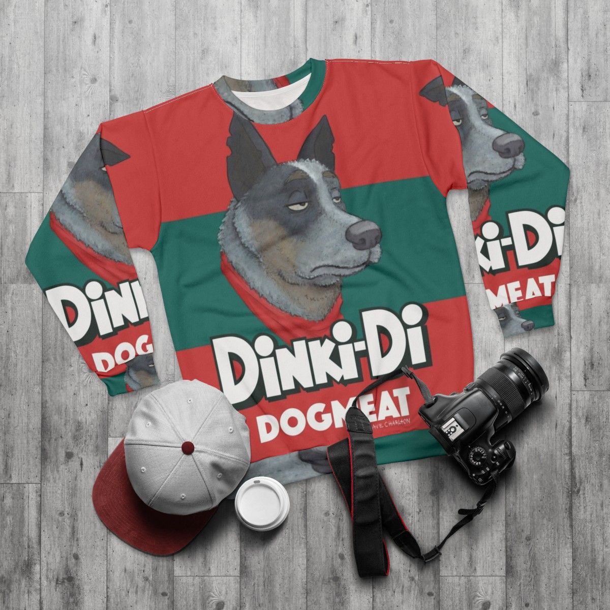 Dinki Di Dogmeat Sweatshirt - Cartoon Dog Meat Apparel - flat lay