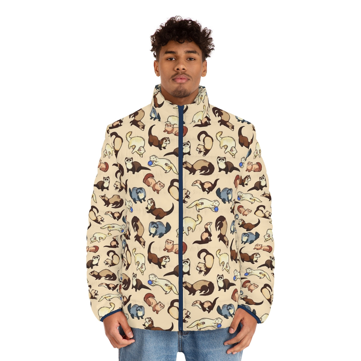 Ferret wearing a puffer jacket with a cat snake pattern - men front