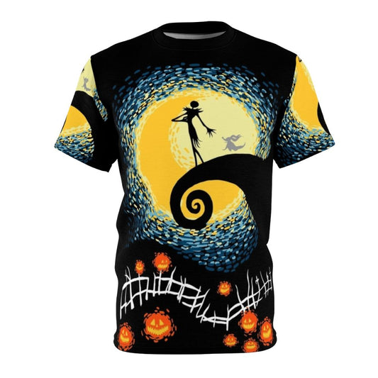 Starry Nightmare AOP T-Shirt featuring a surreal, dark fantasy design with Jack Skellington from The Nightmare Before Christmas