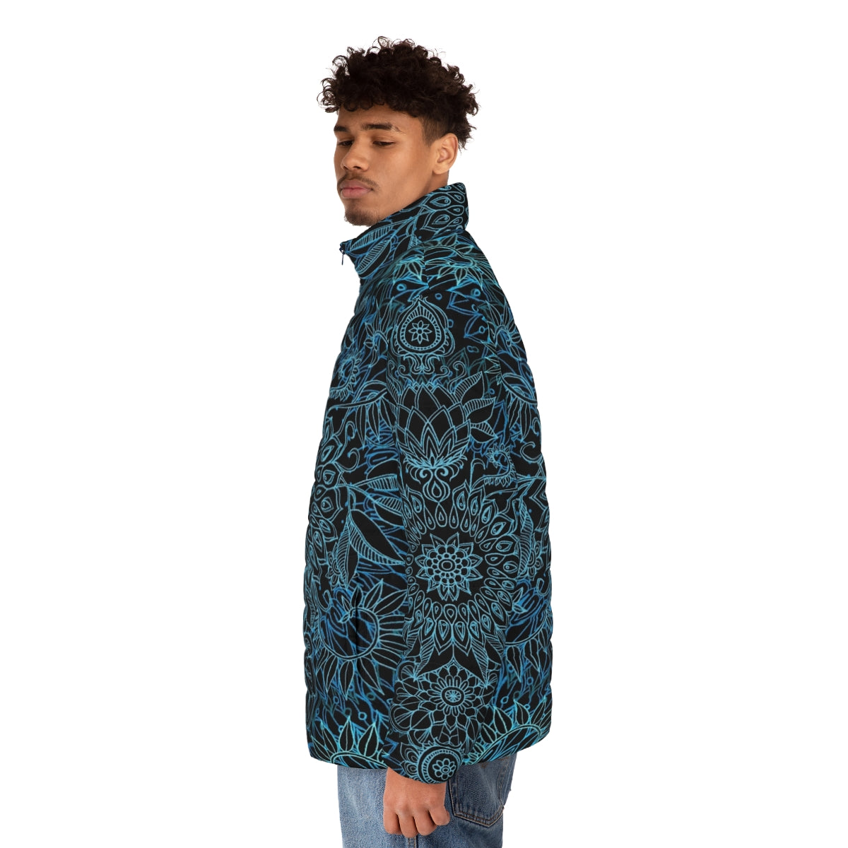 Boho Protea Doodle Pattern Puffer Jacket with Micklyn's Botanical Artwork - men side left