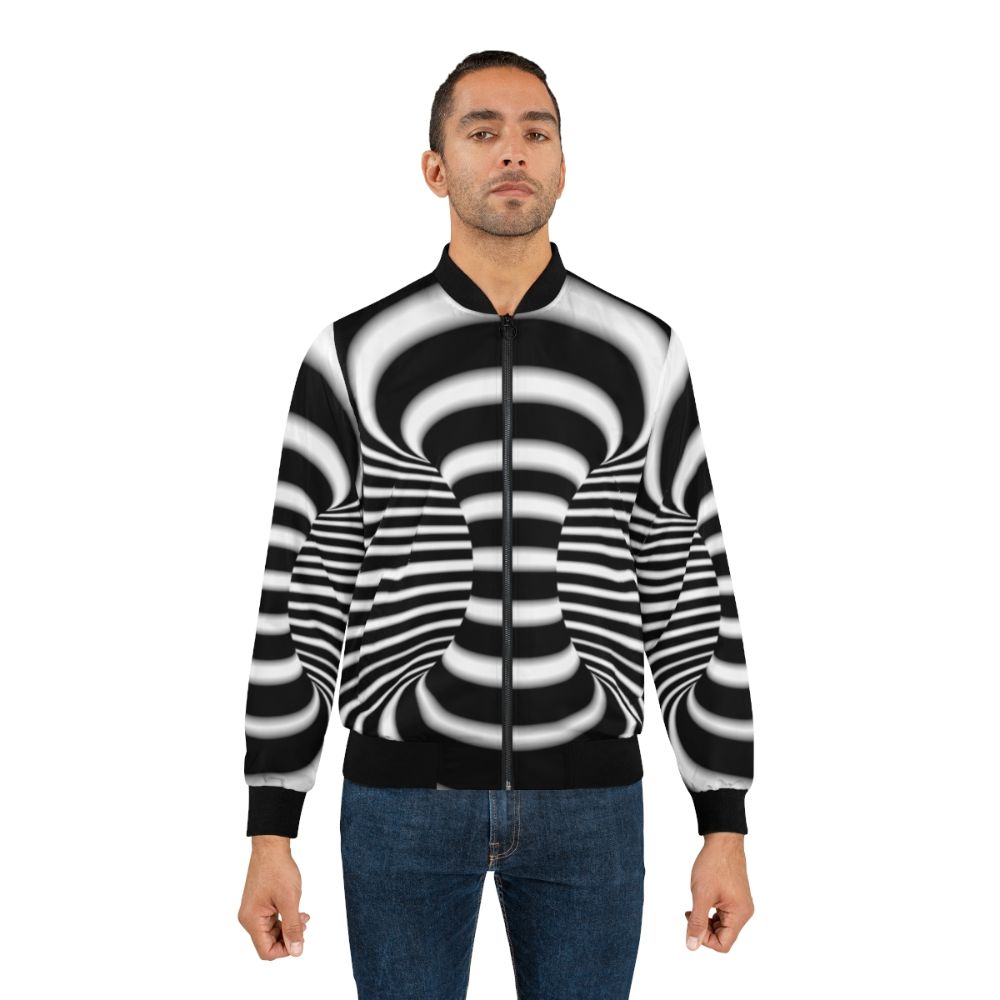 Black and white abstract optical illusion bomber jacket with 3D textile design and curved lines. - Lifestyle