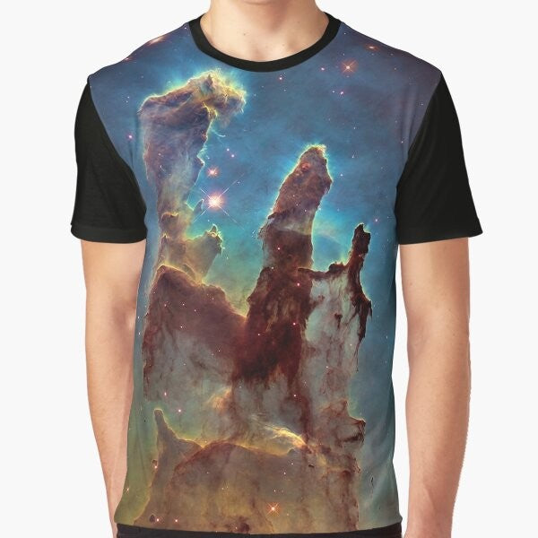 Pillars of Creation graphic t-shirt featuring the famous Hubble Space Telescope image of the Eagle Nebula