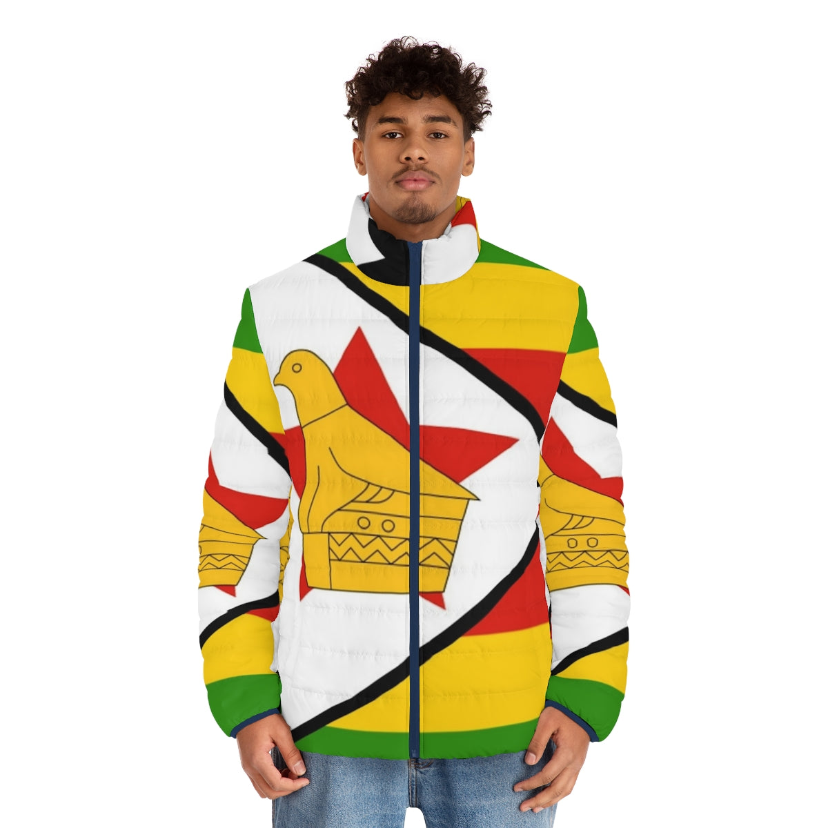 Zimbabwe flag puffer jacket with bold design - men front