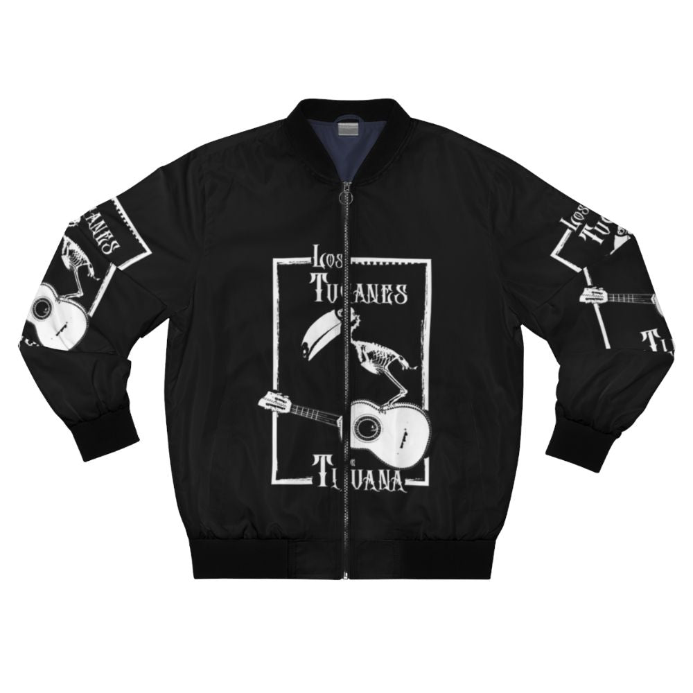 Los Tucanes de Tijuana heavy metal-inspired bomber jacket featuring a skeleton design