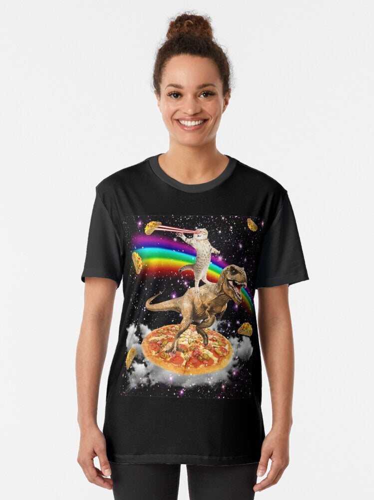 Galaxy Laser Cat on Dinosaur on Pizza Graphic T-Shirt - Women