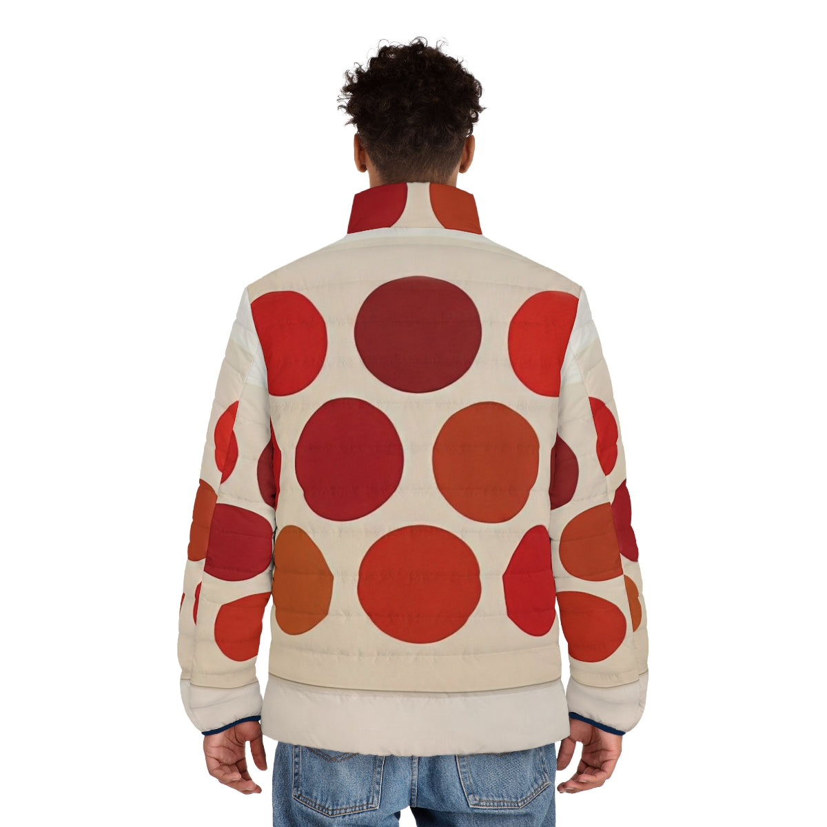 Red puffer jacket with vibrant dot patterns, designed by American artist Thomas Downing - men back