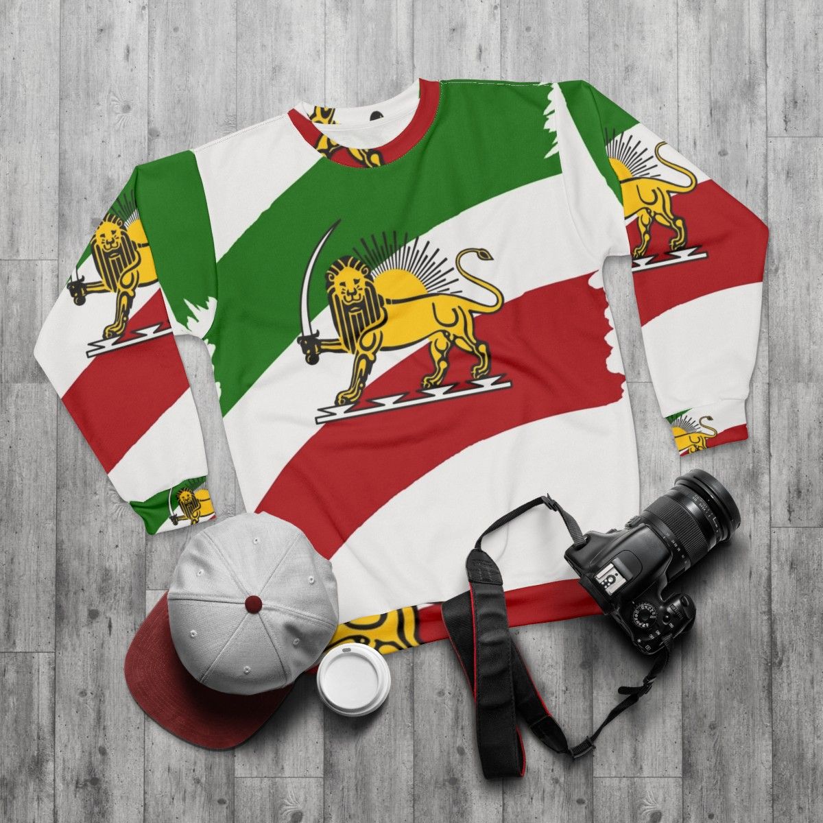 Iranian flag and lion design on a sweatshirt - flat lay