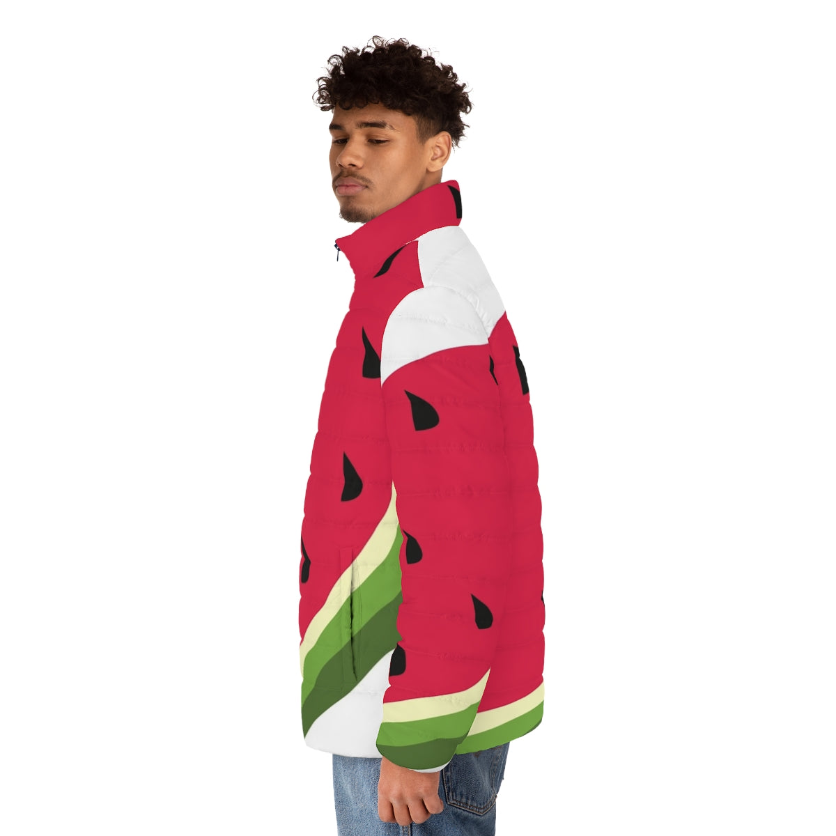 Watermelon Puffer Jacket with Vibrant Digital Print Design - men side left