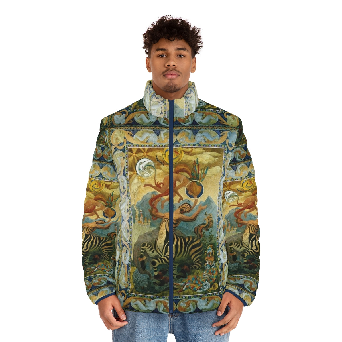 Oliver Grimley's fantasy art puffer jacket featuring vibrant and epic imagery - men front