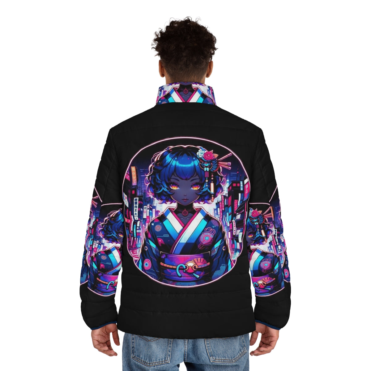 Cyber Geisha Dreams Puffer Jacket with Neon Accents and Futuristic Design - men back