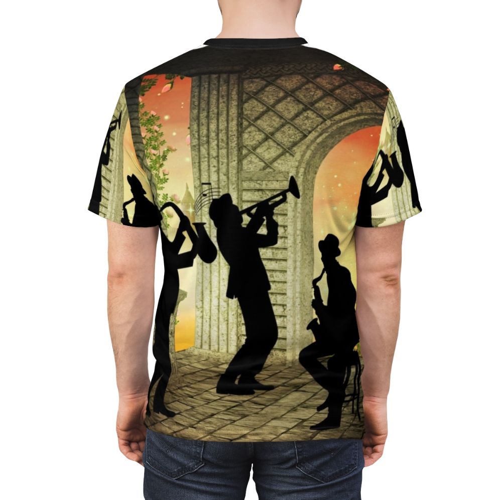 A vintage-inspired t-shirt featuring a jazz music design with saxophone, piano, and other instruments. - men back