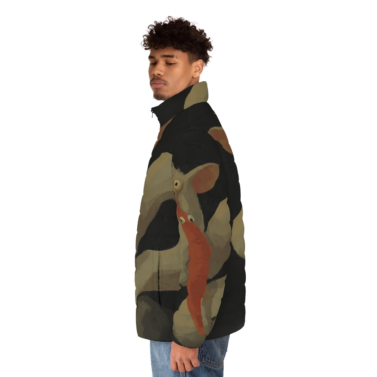 Puffer jacket featuring a disturbing depiction of the Greek god Saturn devouring his son, a dark and bizarre space-inspired design. - men side left