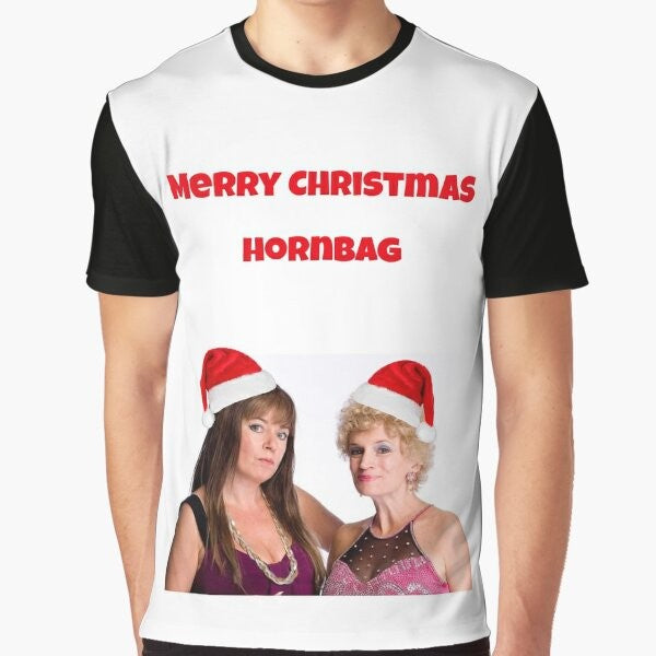 Kath and Kim Hornbag Christmas Graphic T-Shirt - Aussie Christmas Tee featuring Kath and Kim characters