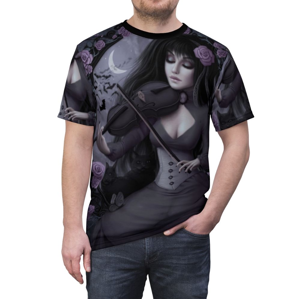 A dark and romantic t-shirt design featuring a violinist, moon, and other gothic fantasy elements. - men front