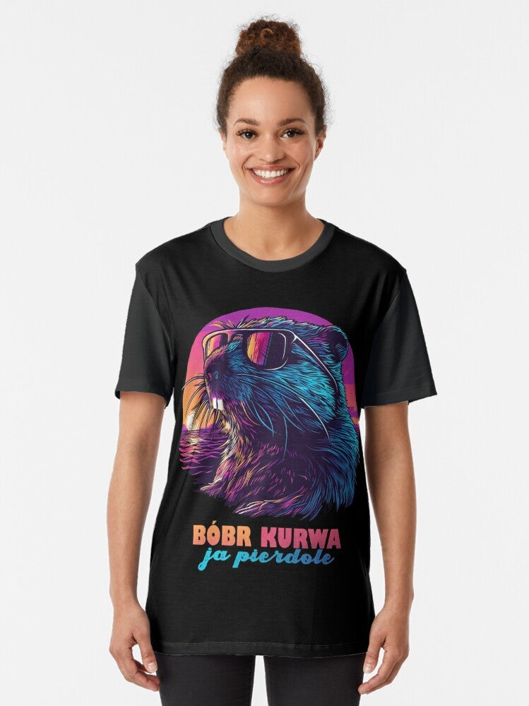 Synthwave Polish Beaver Meme Graphic T-Shirt - Women