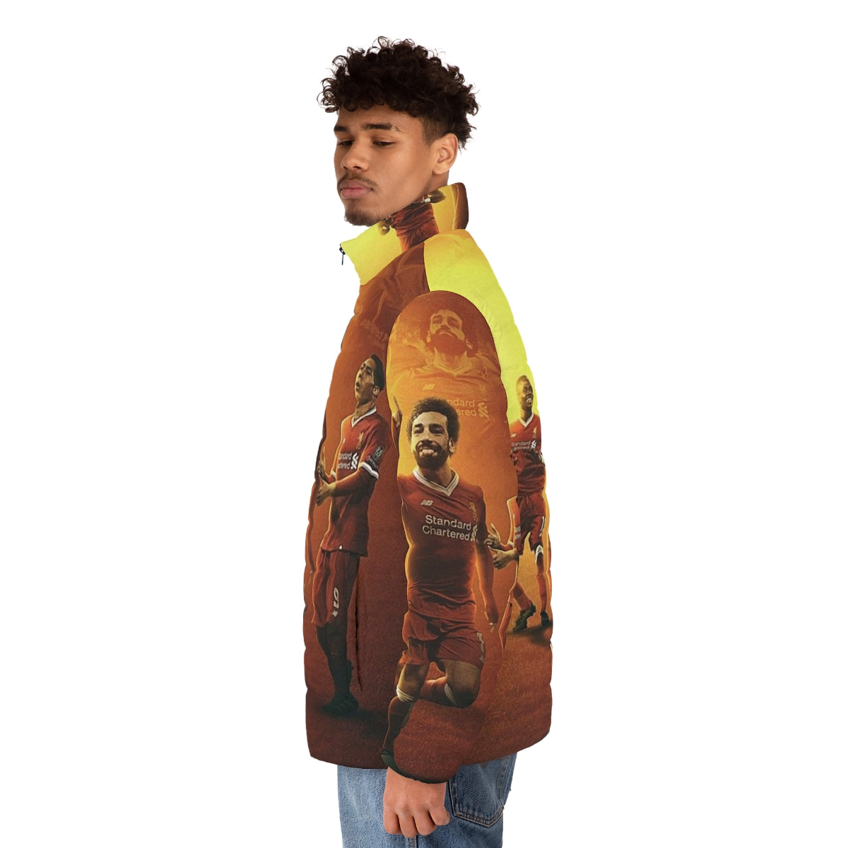 Mohamed Salah inspired puffer jacket featuring his iconic illustration - men side left