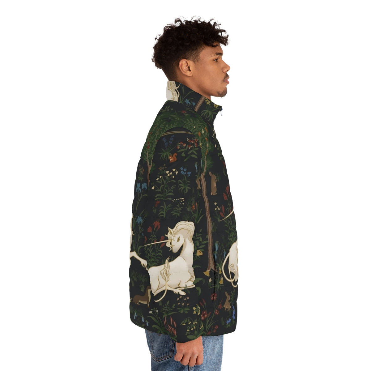 Unicorn puffer jacket in a whimsical woodland scene - men side right