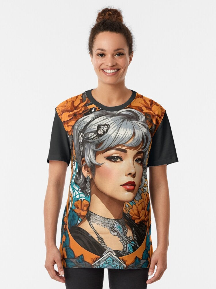 Bohemian silver haired woman wearing a floral retro vintage graphic t-shirt - Women