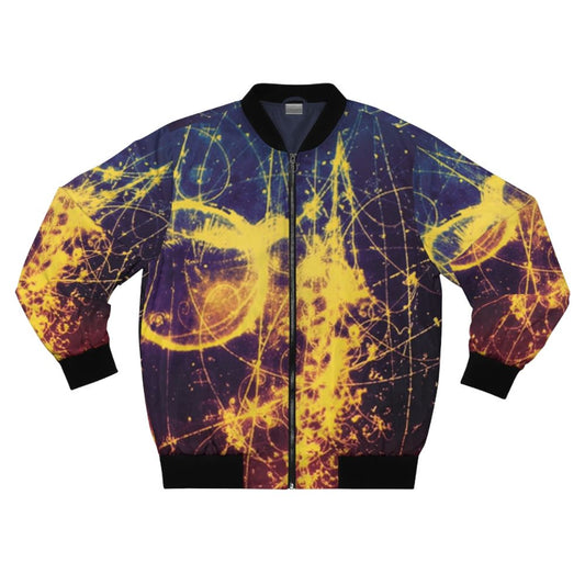 Colorful abstract art inspired bomber jacket featuring physics and particle design