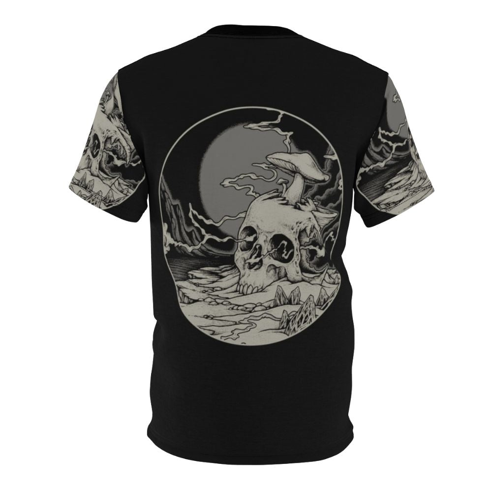 Psychedelic cosmic design with lost voyager, skull, and dark art elements on all-over-print t-shirt - Back