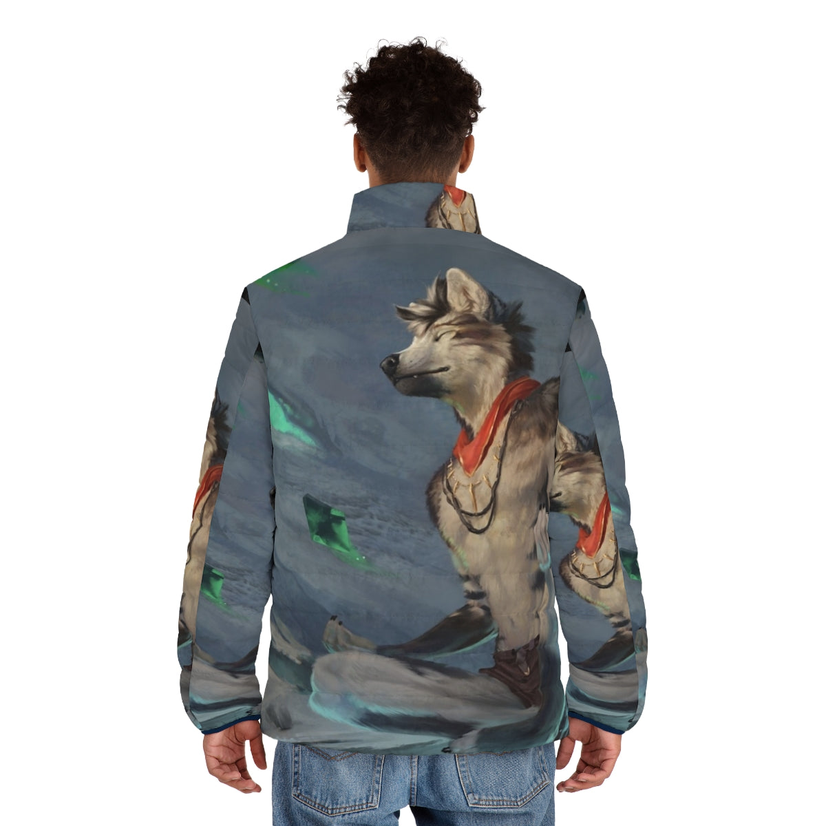 Anthro wolf wearing a magical meditation puffer jacket in a snowy, winter landscape - men back