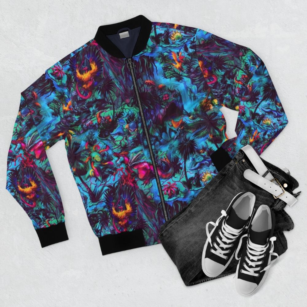 Paleo Party Bomber Jacket featuring a psychedelic dinosaur design - Flat lay