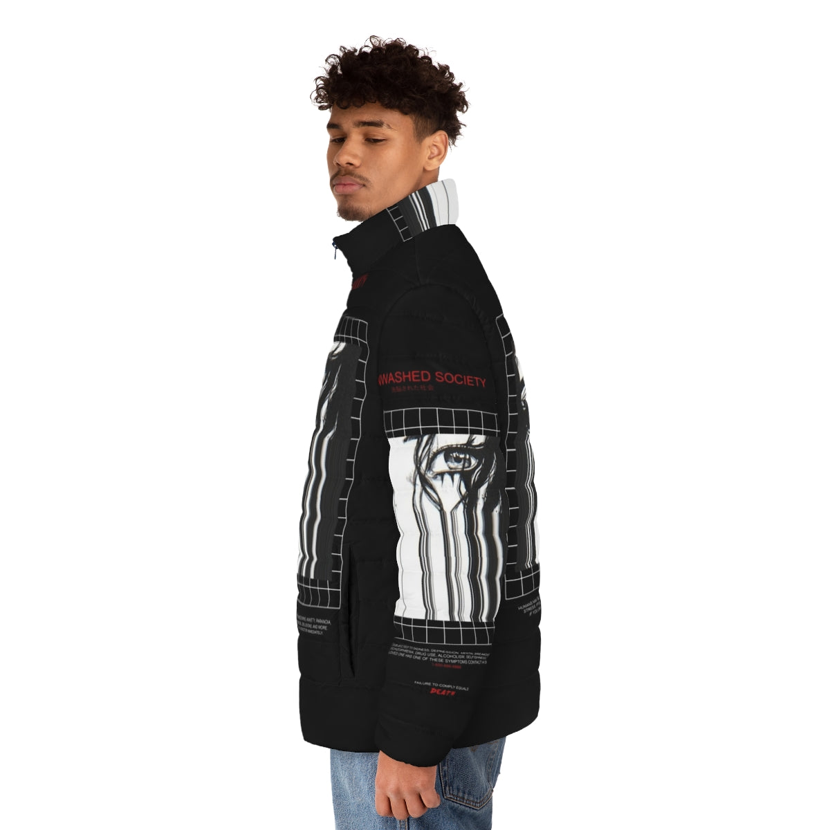 Brainwashed Society Puffer Jacket - Dark and edgy cyberpunk inspired puffer jacket - men side left