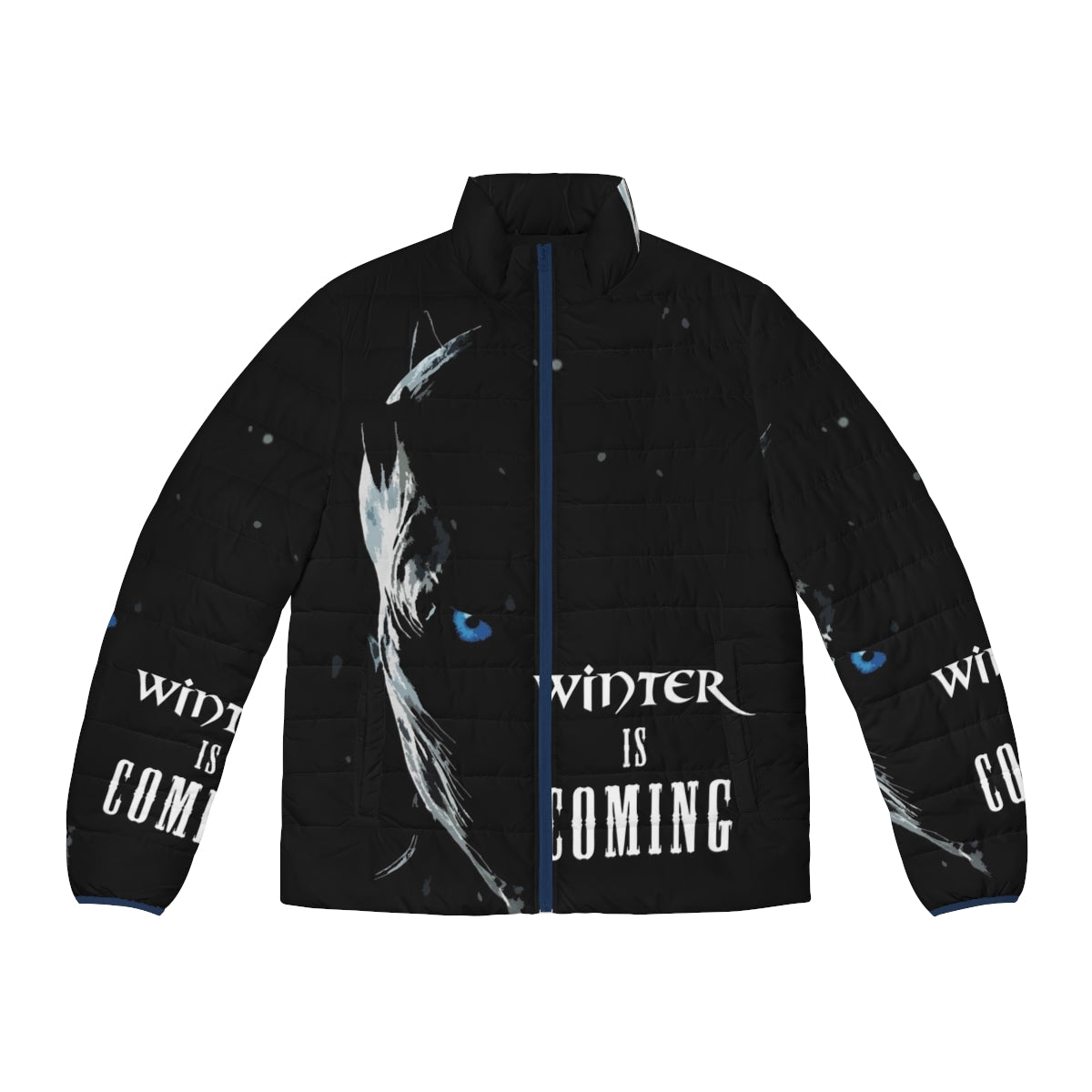 A warm and cozy puffer jacket with a "Winter Is Coming" design