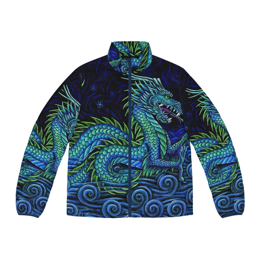 Colorful azure dragon puffer jacket with swirling, psychedelic design