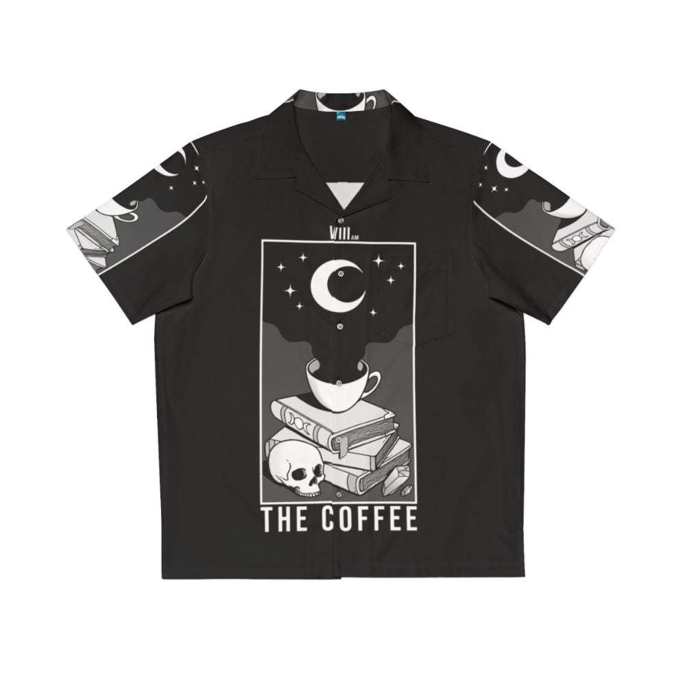 A dark and mysterious coffee-themed Hawaiian shirt with gothic and occult elements