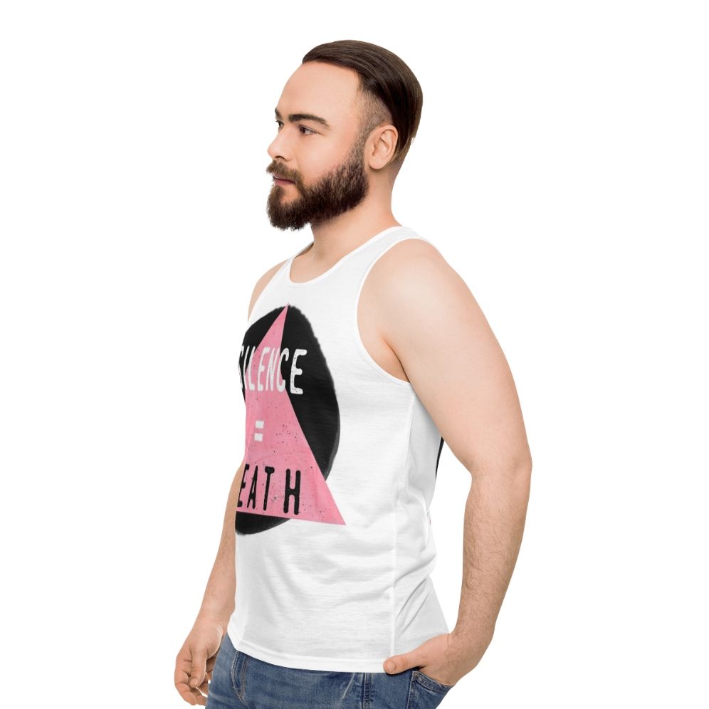 Unisex tank top with "Silence Death" design for LGBTQ+ and HIV/AIDS awareness - men side