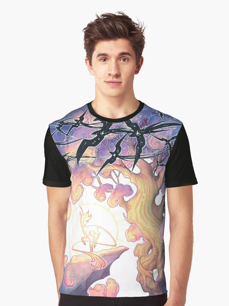 A graphic t-shirt featuring a fantasy design with a night sky, stars, and mythical creatures like unicorns and birds. - Men