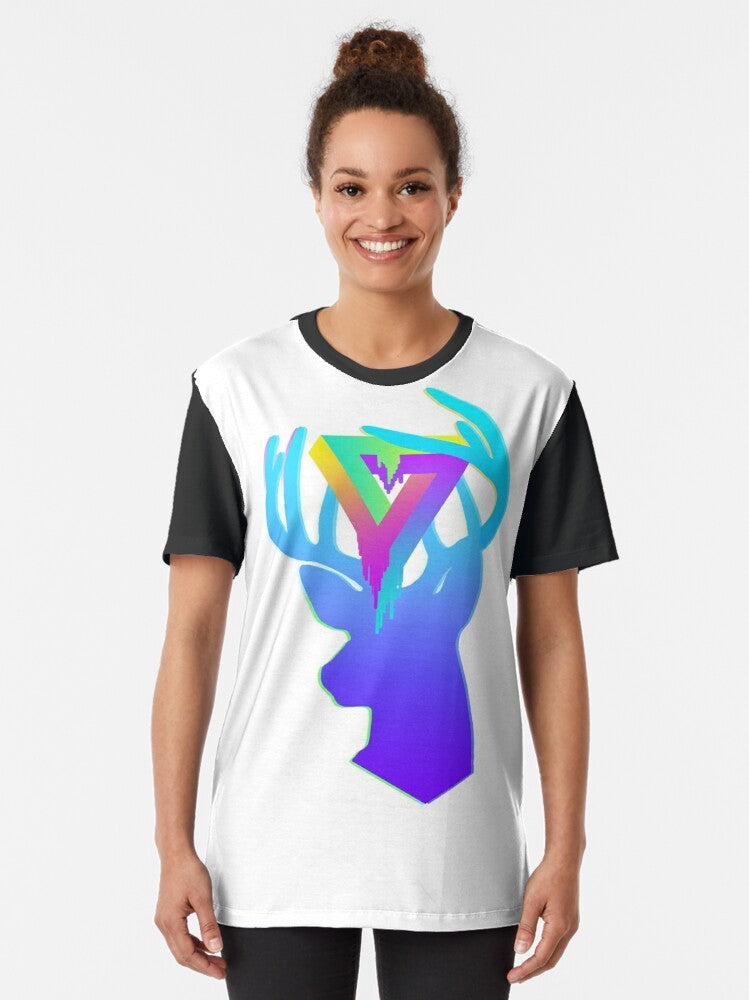 Deer silhouette design in neon colors on a graphic t-shirt, inspired by vaporwave aesthetics. - Women