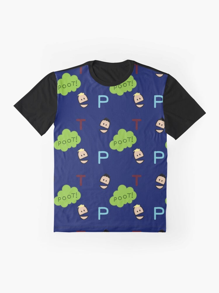 Terrance and Phillip from the South Park cartoon show featured on a graphic t-shirt - Flat lay