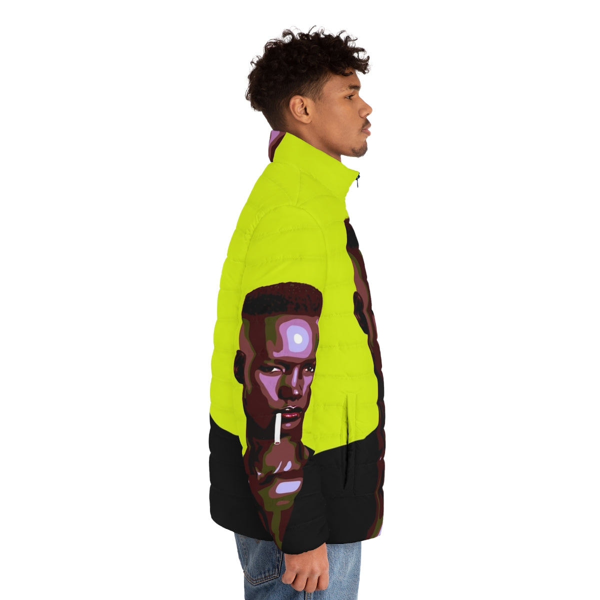 Warm leatherette puffer jacket in a pop art inspired 1980s style - men side right